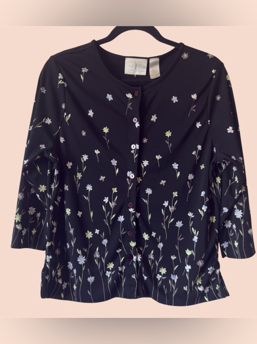 First Issue Claiborne Black Floral Button Front Long Sleeve Top y2K vtg - Picture 2 of 10